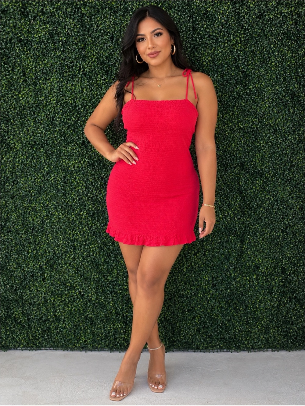Kendall & Kylie Red Smocked Tie-Strap Mini Dress